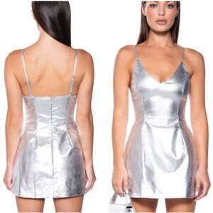 AKIRA Silver Mini Dress The Great Escape Metallic Silver Mini Dress NYE